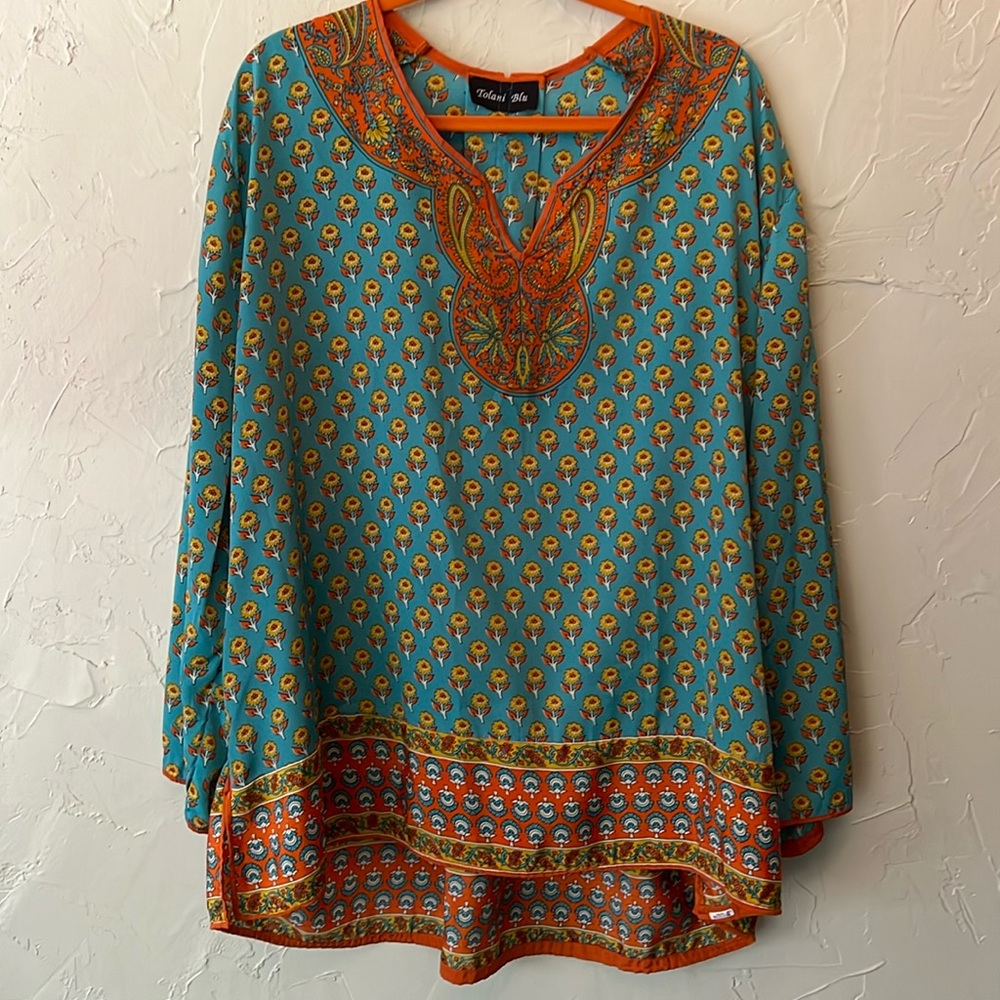 Tolani Blu vintage turquoise and orange flowy tunic